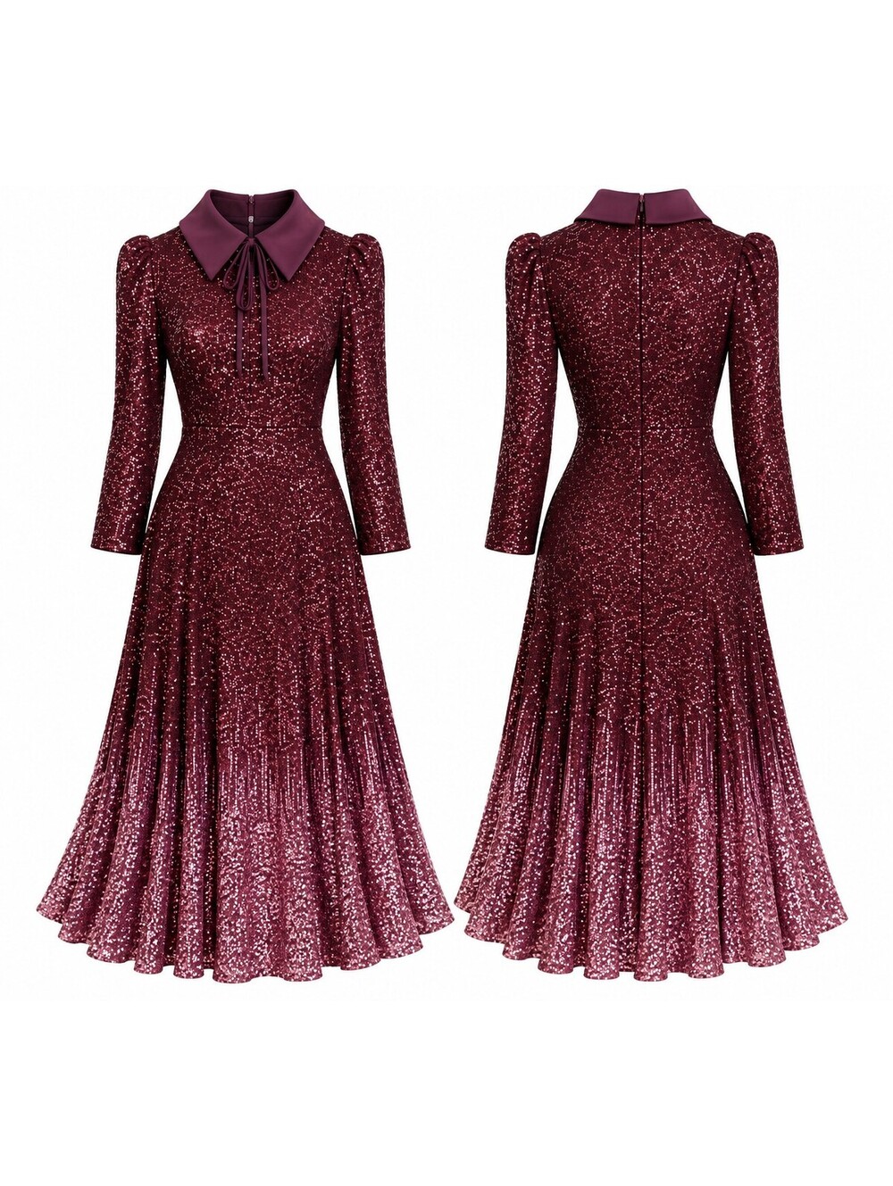 Badgley Mischka Couture Burgundy Sequin Dress Long Sleeve Statement Collar 4